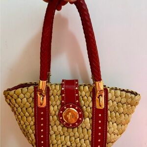Michael Kors Santorini raffia woven Tote Bag Red Leather Trim and Gold Hardware